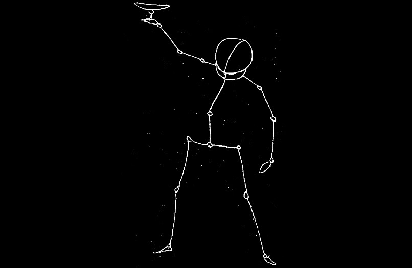 A simplified white line drawing of a human being raising a glass.