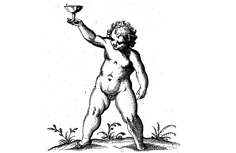 A historical black and white drawing of a human raising a glass.