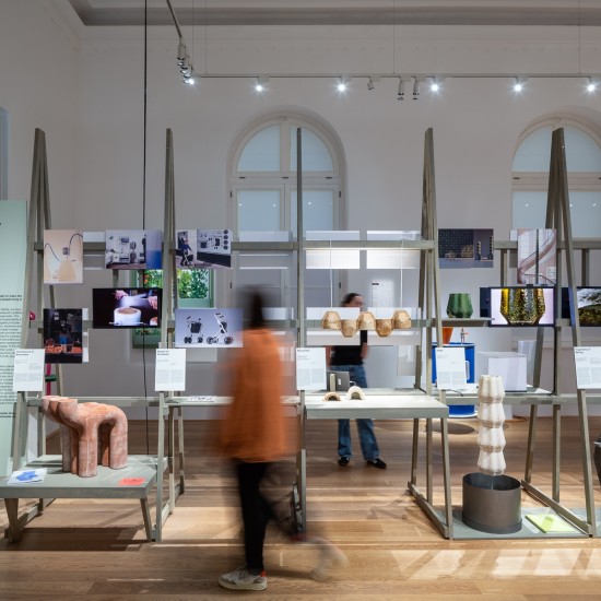 Regale mit Ausstellungsstücken und Bildern