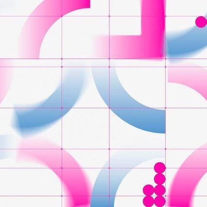 Pinke und hellblaue grafische Elemente auf schwarz/weißem Raster