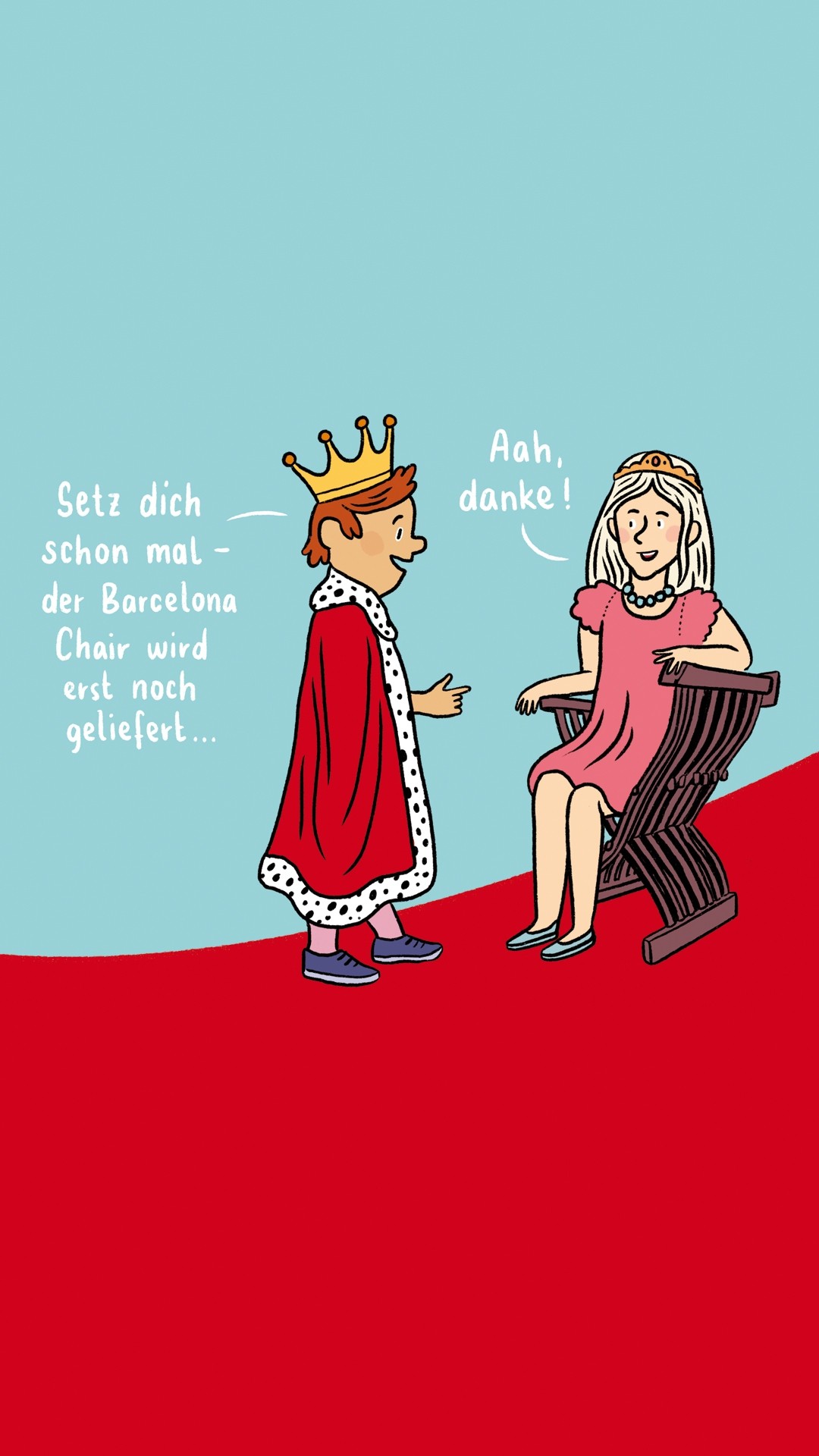 König steht vor sitzender Königin.