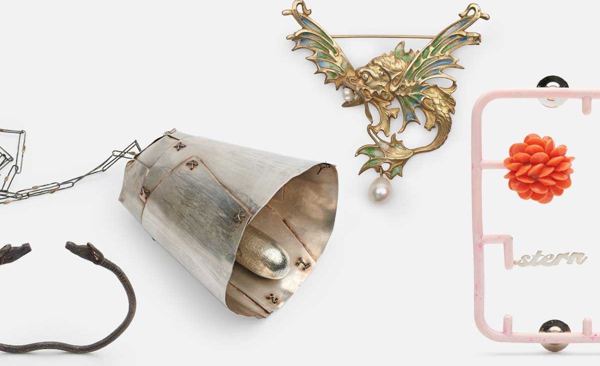 A collage of various jewelry objects on a light gray background.