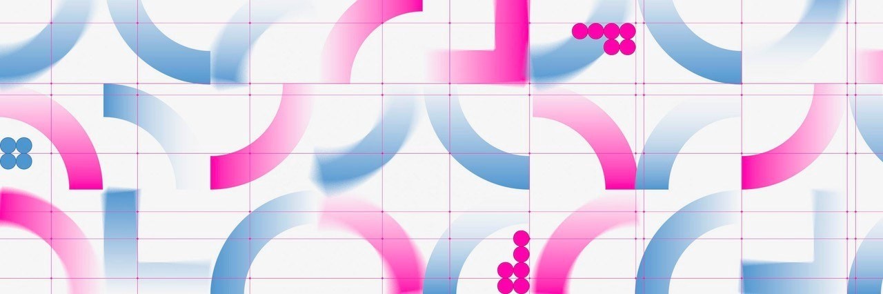 Pink und hellblaue Elemente auf schwarz/weißem Raster