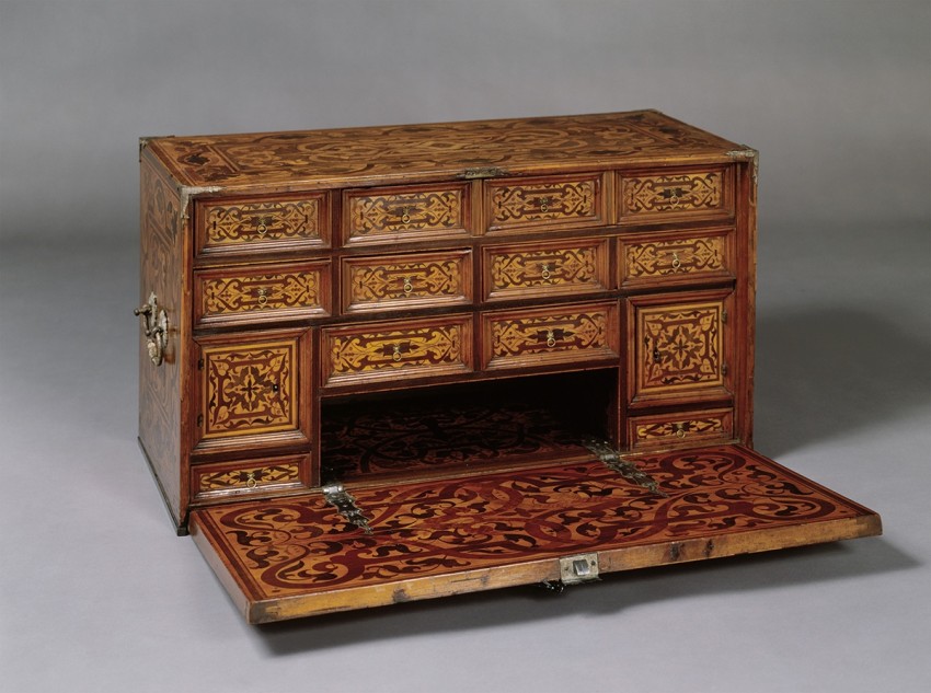 Writig cabinet with open front flap and inside drawers on view