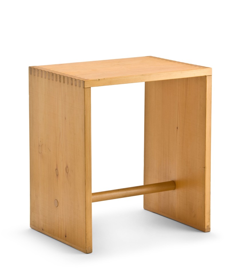 Simple stool made from three spruce boards joined together in a U-shape and round wood to stabilize the U.