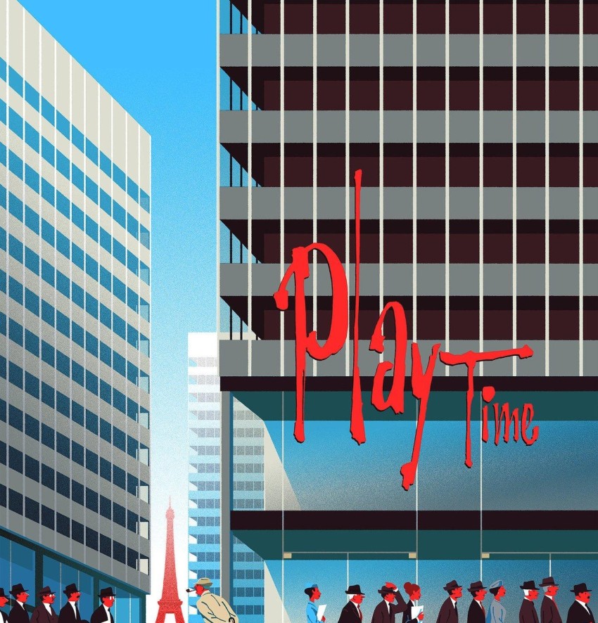 Filmplakat zu PlayTime von Jacques Tati: Zwischen hohen modernen Bürogebäuden ziehen zahlreiche Geschäftsleute in dunklen Anzügen durch eine sterile Stadtlandschaft. Im Hintergrund ist der Eiffelturm zu sehen. Der Filmtitel „PlayTime“ erscheint in großer roter Handschrift auf der Fassade eines Hochhauses.