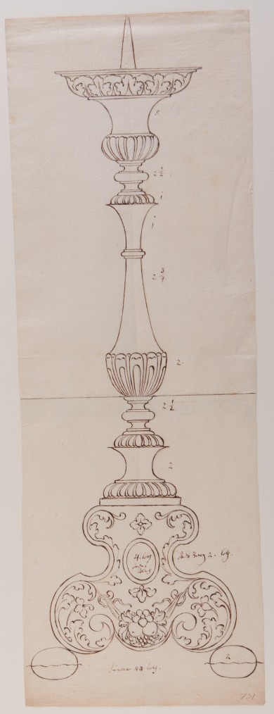 Entwurf für einen kunstvoll verzierten und mehrfach taillierten Kandelaber.C01400: Entwurf für einen Kandelaber