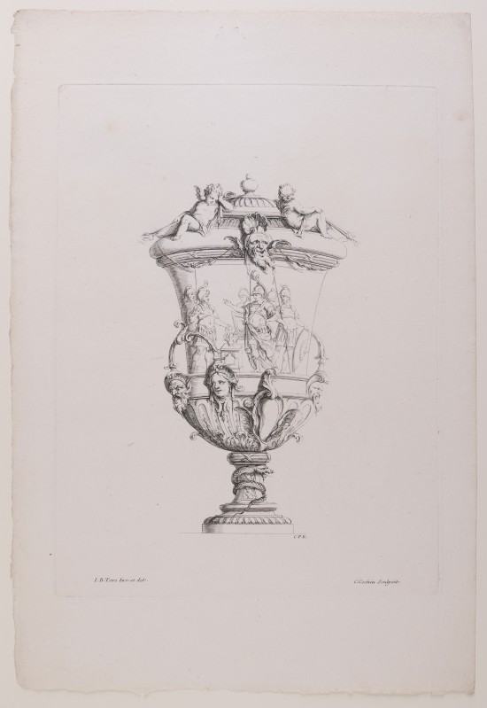 Zeichnung eines kunstvollen Vasenentwurfs mit figürlichen Darstellungen.Entwurf zu einer Vase aus der Folge "Nouveau Livre de Vases"