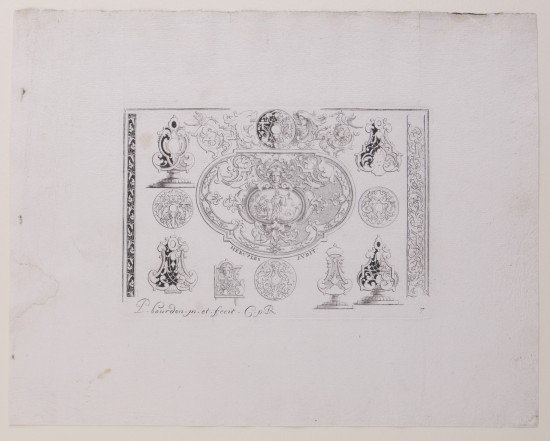 Dekoratives Design mit floralen Ornamenten und geometrischen Mustern.C01428: Entwurf aus der Folge „Livre Troisieme Essais De Gravûre“