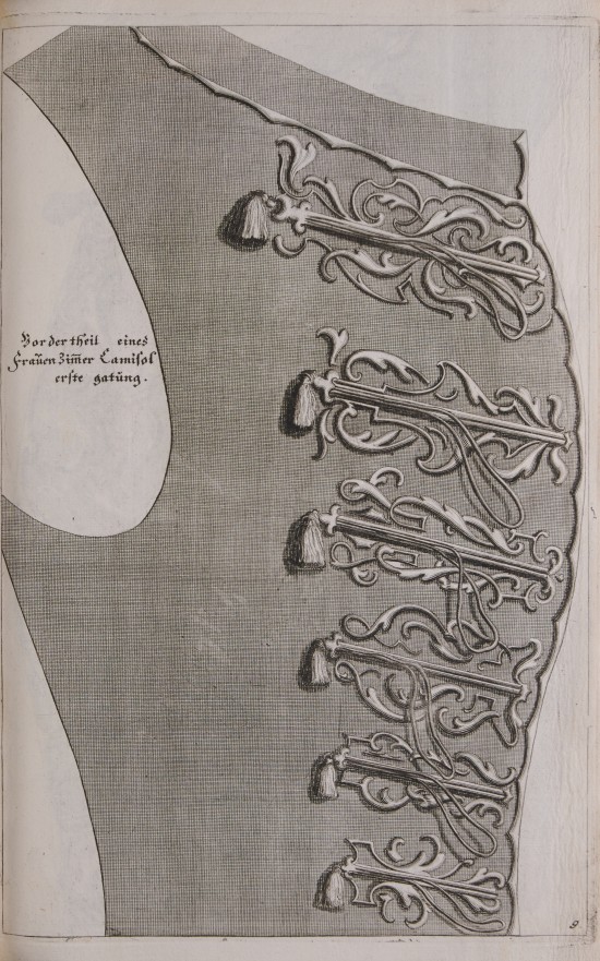 Illustration von kunstvollen Verzierungen auf einem Kleidungsstück.C01429: Vorderteil eines Frauen-Zimmer Camisol, aus: Neu Eröfnetes Stick-Buch und zierliche Ordonance von Laub und Schwung-Werck