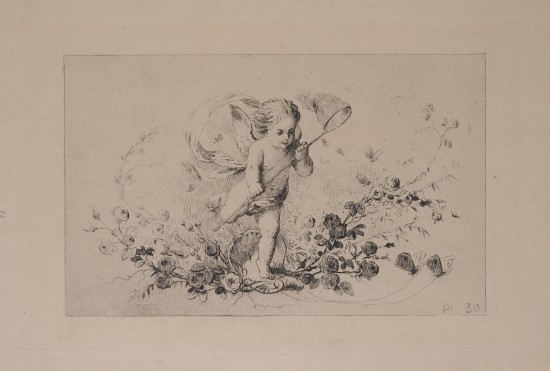 Illustration eines Engels mit Netz in einer dekorativen, floralen Umgebung.C01432: Schmetterling fangender Putto aus der Folge „Figures Décoratives Groupes d'Enfants par Penet“ (Série No. 15)