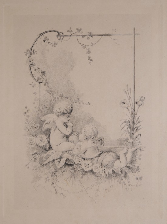 Zwei Engel in einer blumigen Landschaft, kunstvoll gezeichnet.C01435: Amor und Psyche in einer Blumenwiese aus der Folge „Figures Décoratives Groupes d'Enfants par Penet“ (Série No. 15)