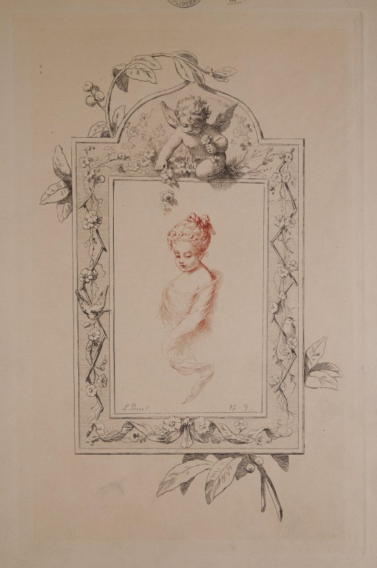 Dekorative Zeichnung eines Engels und einer Frau mit floralen Ornamenten.C01436: Bildnis eines Mädchens aus der Folge „Figures Décoratives Groupes d'Enfants par Penet“ (Série No. 3)