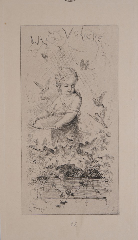 Illustration eines Kindes mit Vögeln und Pflanzen in einer dekorativen Szene.C01437: „La Volière“ aus der Folge „Figures Décoratives Groupes d'Enfants par Penet“ (Série No. 3)