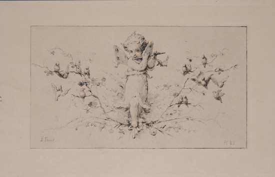 Cherub mit Flöte, umgeben von Vögeln und Blütenzweigen.C01438: Flötenspielende Psyche aus der Folge „Figures Décoratives Groupes d'Enfants par Penet“ (Série No. 3)