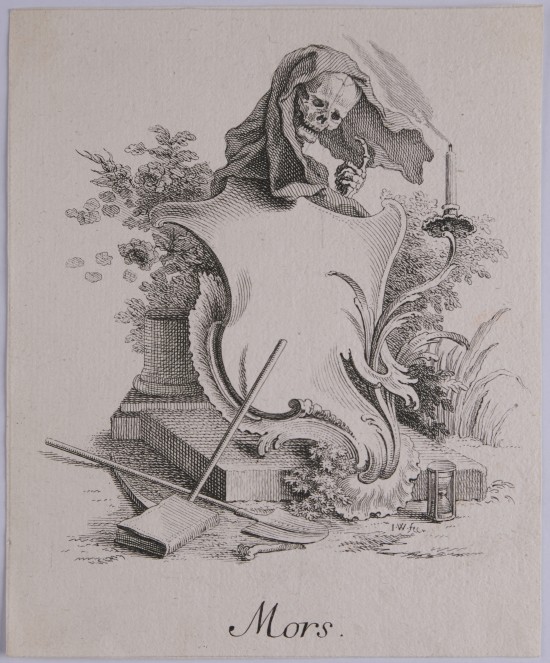 Skelettdarstellung mit einem Schild und einem Stundenglas.C01441: Mors aus einer Folge von Rocaille-Kartuschen mit antiken Gottheiten