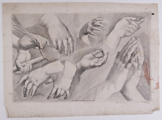 Zeichnung von Händen mit unterschiedlichen Gesten.C01451: Handstudien Nr. 4 aus der Folge „Gründlich und vollkommene Anweisung zum Zeichnen und Kunstmässige völlige Ausarbeitung Menschlicher Statur“