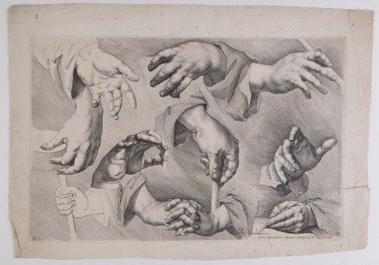 Studie von Händen in verschiedenen Positionen.C01452: Handstudien Nr. 3 aus der Folge „Gründlich und vollkommene Anweisung zum Zeichnen und Kunstmässige völlige Ausarbeitung Menschlicher Statur“