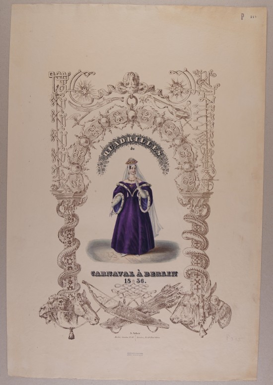 Frau in violettem Kostüm, fantasievoller Rahmen mit Tierdarstellungen, Pferd, Kamel, Esel und Schlange.C01455: Titelblatt mit Darstellung der Königin von Ungarn aus der Folge „Quadrilles du Carnaval à Berlin“