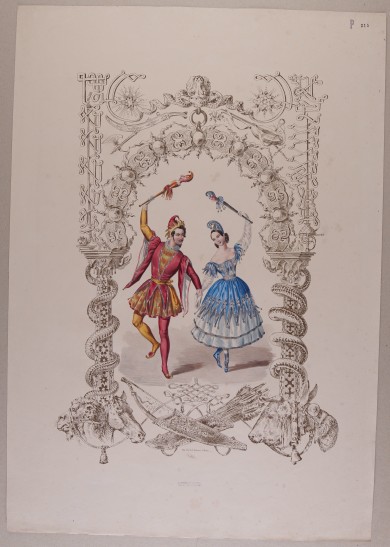 Darstellung der tanzenden kolorierten Figuren von Harlekin und Pulcinella in einem skizzierten, aufwändig gestalteten Rahmen mit Tierdarstellungen.C01464: Harlekin und Pulcinella aus der Folge „Quadrilles du Carnaval à Berlin“