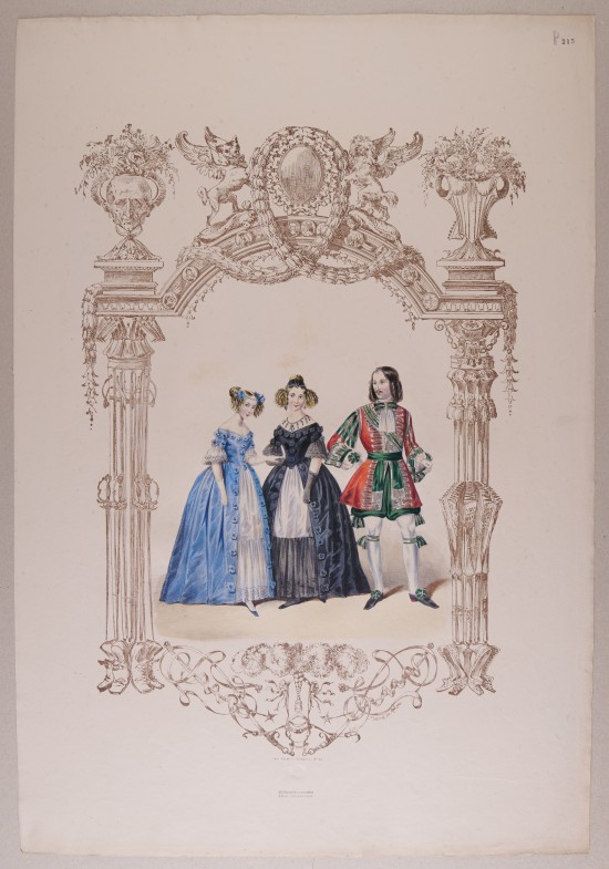 Drei Personen in Kostümierung, zwei Frauen und ein Mann umgeben von einem verzierten Rahmen aus verschiedenen Schmuckelementen wie Vasen mit Blumen, Girlanden, Fabelwesen.C01467: Zwei Schwestern und ein Edelmann aus der Folge „Quadrilles du Carnaval à Berlin“