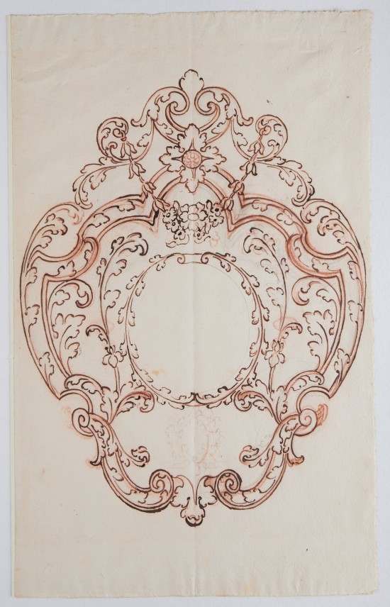 Rahmen in Form einer Ellipse, Blattranken und Blüten in dekorativer Anordnung und rötlicher Farbe.C02515: Kartusche, Handzeichnung