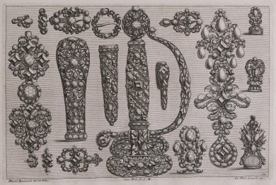 Goldschmiede-Entwürfe für Anhänger, Schnallen, Griffe und einen Degengriff im floralen Design.UB00441: Goldschmiede-Entwürfe aus der Folge „Ein neues Buch von allerhand Gold-Arbeit, auff unterschiedliche Art und Manier sehr wol u. Nützlich zu gebrauchen“