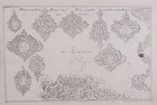 Geschweifte Zierelemente als Vorlagen für das Kunsthandwerk. In der Mitte ein Putto mit erhobenem Glas. Rings umher Schmuckformen mit Medaillons, worin Portraits oder Tiere abgebildet sind.UB00448: Ornamente, Blatt 3 der Folge „Gantz Neu Inventiertes Laub und Bandlwerck. Erster Theil“