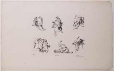 Darstellung von sechs maskenartigen Köpfen mit Helmen. Die Gesichter sind verzerrt.UB00558: Masken und Grotesken