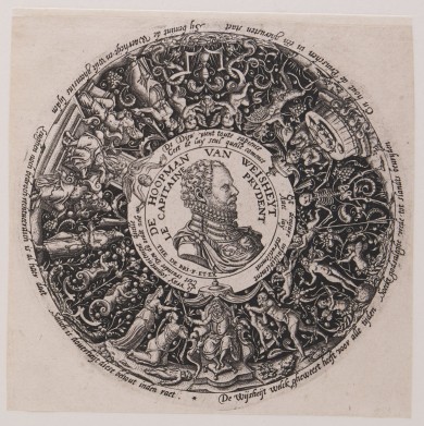 Runde Darstellung mit Ornamenten und Grotesken und dem Brustbild von Wilhelm dem Ersten von Oranien.UB00955: Rundes Ornament mit Grotesken für eine Schale mit dem Brustbild von Wilhelm I von Oranien als Hoopman van Weisheyt