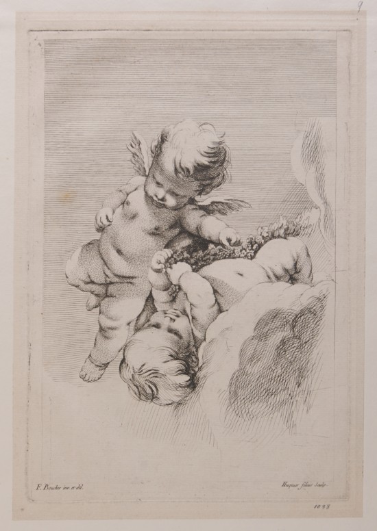 Zwei Engelchen in angedeuteter Wolke. Einer liegt mit dem Rücken auf der Wolke und hält eine Blütengirlande, während der andere links über ihm mit der Rechten nach der Girlande greift.UB01038: Zwei spielende Putti aus der Folge „Premier Livre de Groupes d'Enfant“