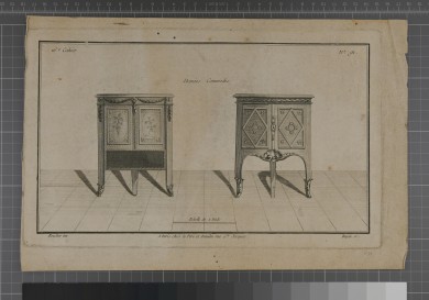 Darstellung zweier kleiner, dreibeiniger Kommoden mit floralen Verzierungen und jeweils zwei Schranktüren.UB01079: 16e Cahier. Demi-commodes et petites Bibliothèques