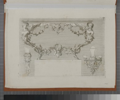 Darstellung eines zweibeinigen Konsoltisches mit Ranken- und Blütenverzierungen.UB01486: Nouveaux desseins de pieds de tables et de vases et consoles de sculpture en bois, inventés par le sieur Pineau sculpteur