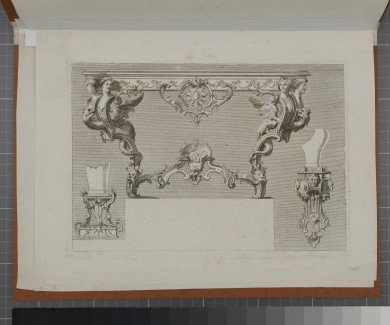 Darstellung eines zweibeinigen Konsoltisches mit Verzierungen aus Ranken und Drachen.UB01488: Nouveaux desseins de pieds de tables et de vases et consoles de sculpture en bois, inventés par le sieur Pineau sculpteur