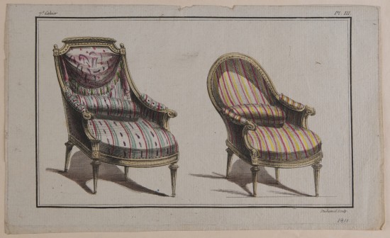Zwei Sessel mit Polstern. Die linke Sitzgelegenheit mit grün-rot-schwarzem Streifenmuster auf dem Bezug. Der rechte mit gelb-pinkfarbenem Streifenmuster auf hellem Stoff.UB01911: Zwei Armlehnsessel im Stile Louis XVI. aus einer Folge von Möbelentwürfen (Œuvre d'ameublement)