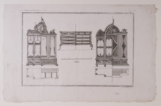 Ansichten und Grundrisse verschiedener Möbel (Schränke und Kommoden) mit historisierenden Verzierungen.UB01938: No. 3 aus der Folge „Grund und Aufris neuer gothischer Glas Schreib und anderer Kästen“