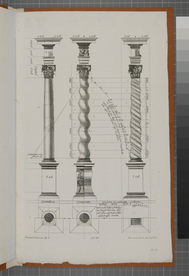 Darstellung dreier unterschiedlicher, nebeneinander stehender Säulen mit Maßangaben. Jeweils unterhalb ist der Querschnitt abgebildet.UB01954: Säulenordnung "Corinthica", "Composita" und "Collume" aus einer Folge von Säulenordnungen