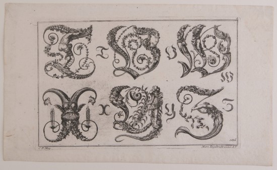 Zwei Reihen an jeweils drei Zierlettern mit Figuren- und Rankenschmuck.UB01970: Lateinisches Figurenalphabet: T-Z