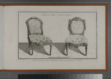 Entwurf zweier Polsterstühle ohne Armlehnen. Sie stehen einander leicht zugewandt und sind mit Blatt- und Blütenornamenten verziert.UB02413: Chaises dans le goût antique