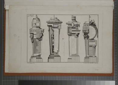 Entwurf von vier Sockeln: Diese bestehen jeweils aus zwei unterschiedlichen, längs geteilten Sockel-Hälften. Der jeweils rechte Teil zeigt dabei angedeutete Inschriften.UB02477: Vier Postamente aus einem Reihenwerk nach französischen Vorbildern
