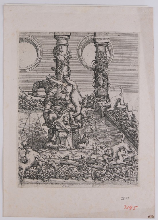 Grafik eines Schmuckbrunnens im Anschnitt: Rechteckiges Wasserbassin mit einer Säule in der hinteren, rechten Ecke und einer in der Mitte. Auf dem Brunnenrand und den Säulen Äste, Wurzel- und Blattwerk. Zahlreiche fantastische Tiere bekämpfen sich auf dem Rand des Brunnens. Auf der Mittelsäule kämpft ein Jäger mit einer Hundemeute gegen ein Untier.UB02801: Entwurf für einen Brunnen, aus der Folge „Architectura“, Blatt 36