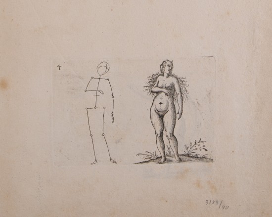 Darstellung einer unbekleideten, stehenden Frau mit vor den Körper geführtem rechten Arm. Links neben ihr eine Strichzeichnung der Pose.UB03190: Männliche und weibliche Akte mit Bewegungsschemata aus der Folge „Reiss-Büchlein / Für die anhebente Jugent dienstlich / Zu finden in Nürnberg bej Paulus Fürst Kunsthändlern“