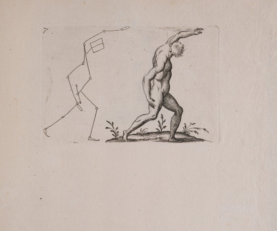 Abbildung einer männlichen Person in Schrittstellung nach rechts mit erhobener Linken. Links daneben eine Strichzeichnung der Position des Mannes.UB03193: Männliche und weibliche Akte mit Bewegungsschemata aus der Folge „Reiss-Büchlein / Für die anhebente Jugent dienstlich / Zu finden in Nürnberg bej Paulus Fürst Kunsthändlern“