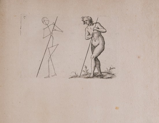 Grafik einer männlichen Person, die sich auf einen Stab stützt.UB03195: Männliche und weibliche Akte mit Bewegungsschemata aus der Folge „Reiss-Büchlein / Für die anhebente Jugent dienstlich / Zu finden in Nürnberg bej Paulus Fürst Kunsthändlern“