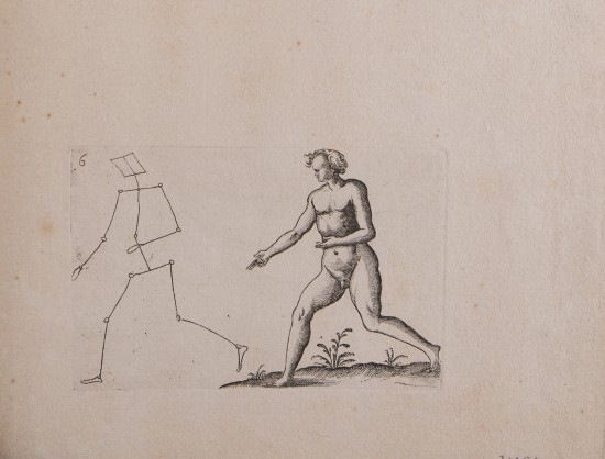 Zeichnung einer männlichen, unbekleideten Figur in Schrittstellung nach links mit vor dem Körper geführten Armen.UB03196: Männliche und weibliche Akte mit Bewegungsschemata aus der Folge „Reiss-Büchlein / Für die anhebente Jugent dienstlich / Zu finden in Nürnberg bej Paulus Fürst Kunsthändlern“