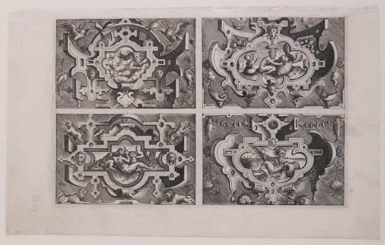 Vier Abbildungen von schmückenden Rahmen mit figürlichen Szenen aus der antiken Sagenwelt.UB03229: Vier Kartuschenfelder mit Darstellung antiker Gottheiten aus der Folge „Compertimentorum quod vocant multiplex genus lepidissimis historiolis poetarumque fabellis ornatum“