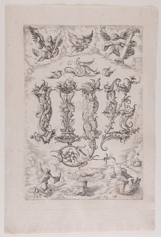 Ornament aus verschlungenen Zweigen und Blättern. Monogramm Christi. Geflügelte Wesen mit den Leidenswerkzeugen Jesu.UB03542: Groteske Elemente aus der Zusammenstellung „Opera Hopferiana“