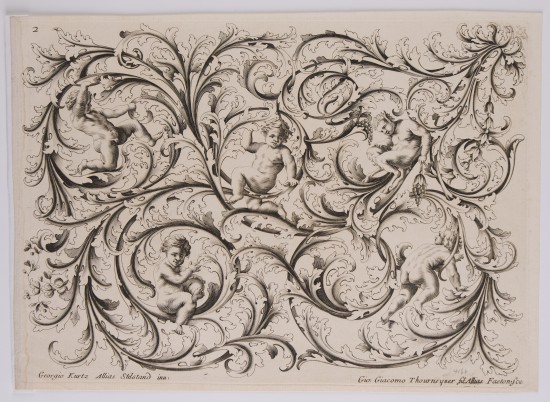 In verschlungenen Weinranken tummeln sich vier Putti und ein Junge mit Bocksfüßen.UB04165: Entwurf aus einer Folge Laub- und Bandelwerk für Goldschmiede-Arbeiten