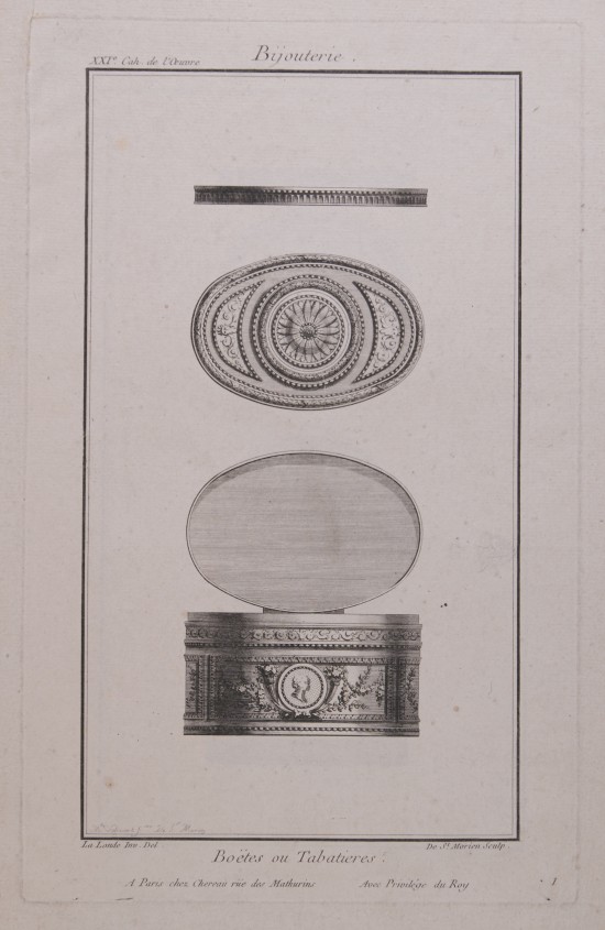 Ovale Tabakdose mit aufgeklapptem Deckel. Auf dem Korpus rundes Medaillon mit Profilbildnis einer Dame. Über der Dose Aufsicht des Deckels und Seitenansicht.UB04266: Entwurf für eine Tabakdose aus der Folge „XXI. Cahier Bijouterie“