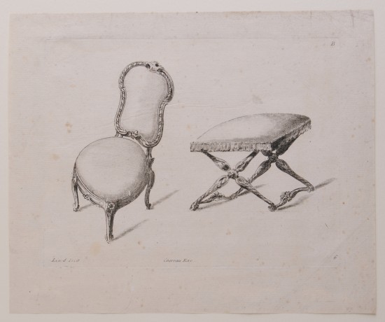 Polsterstuhl links in schräger Aufsicht und Hocker mit gekreuzten Beinen. Beide Objekte dreidimensional gezeichnet mit leichtem Schattenwurf.UB04365: Stuhl und Hocker aus einer Serie von Sitzmöbeln